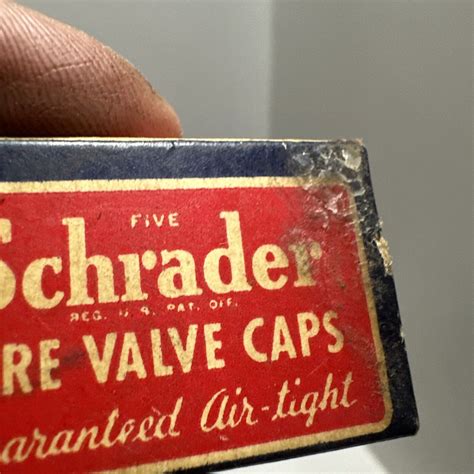 schrader universal valve caps now in handy metal boxes|Vintage Schrader TIRE VALVE CAPS METAL Match Box of 5 N O S.